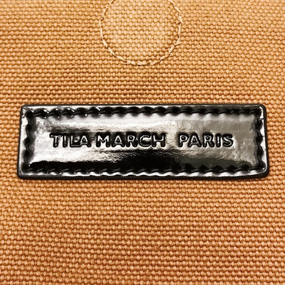 Tila March Paris Zelig Brown Canvas Black Patent Leather Shoulder Clutch Bag - Picture 9 of 12